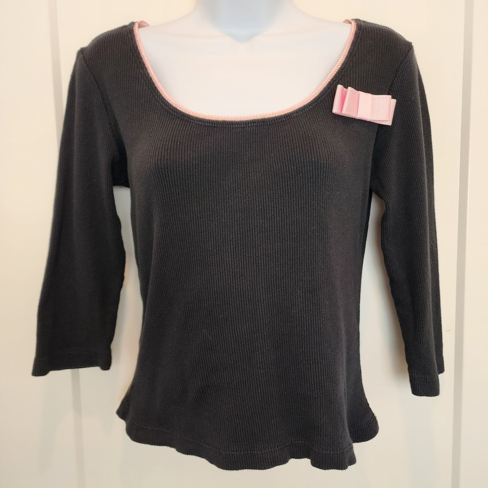 VTG Y2K Coquette Top Womens L Black Pink Bow Ribbed Knit 3/4‎ Sleeve Made in USA